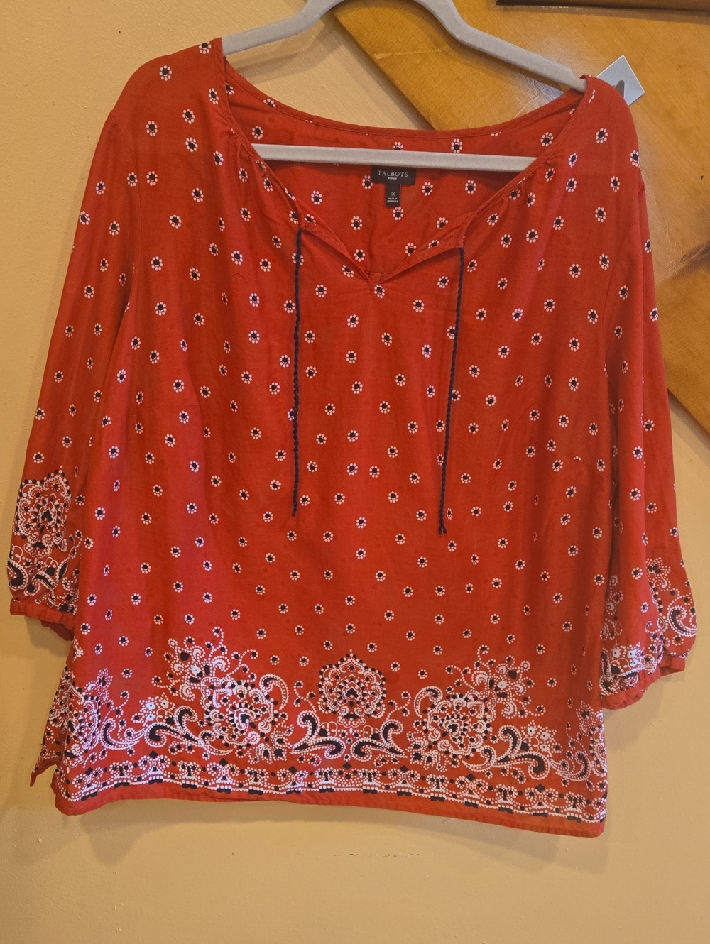 Talbots Women's Red Printed Peasant Blouse 100 Percent Cotton